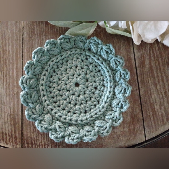 Handcrafted Farmhouse Style Crochet Coaster Set Of 2 in Blue - Picture 2 of 4
